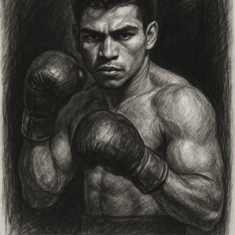Lester Martinez in boxing pose, charcoal portrait