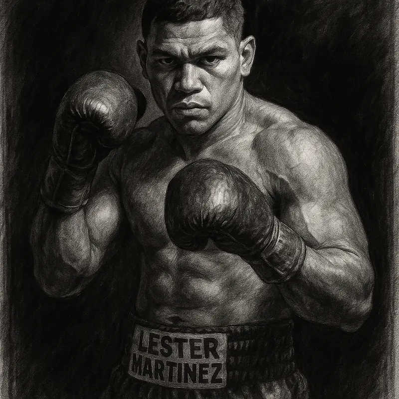 Lester Martinez in boxing pose, charcoal portrait
