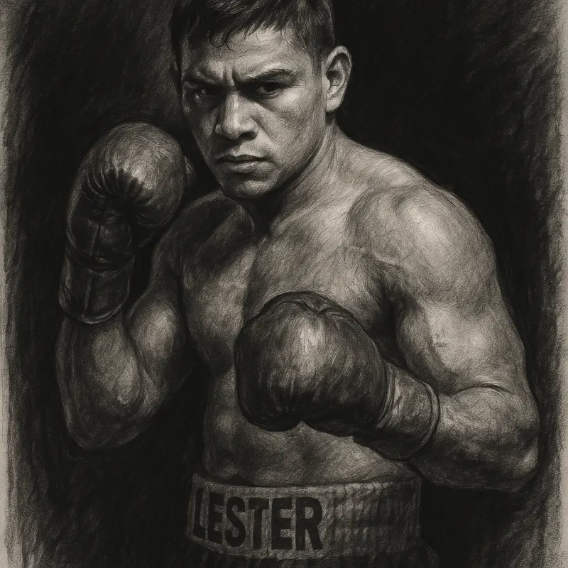Lester Martinez in boxing pose, charcoal portrait