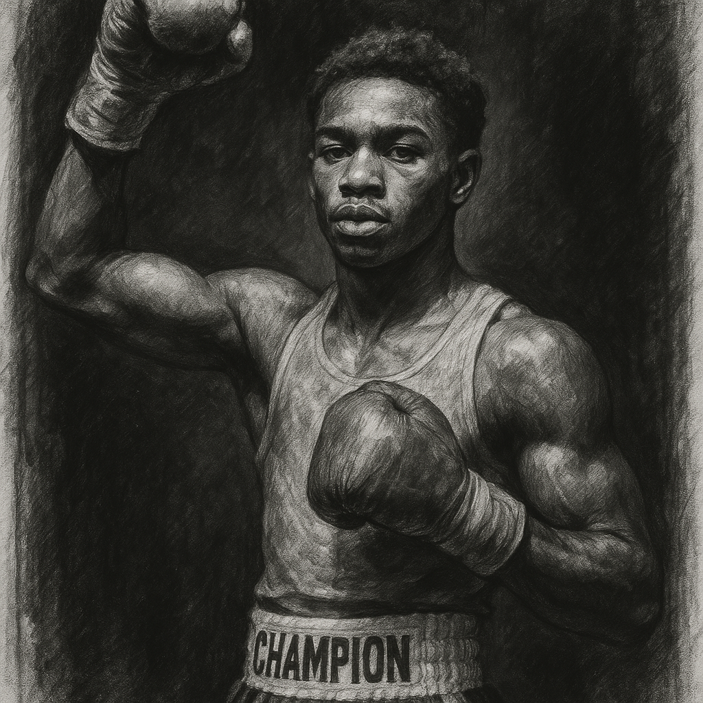 Abdullah Mason charcoal portrait, WBO lightweight champion