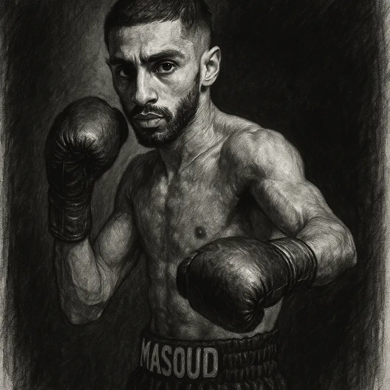 Shabaz Masoud in boxing pose, charcoal portrait