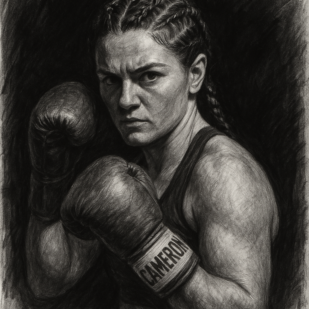 Chantelle Cameron in boxing pose, charcoal portrait