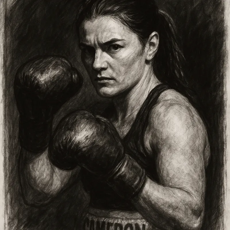 Chantelle Cameron in boxing pose, charcoal portrait