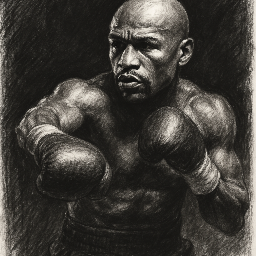 Floyd Mayweather in boxing pose, charcoal portrait