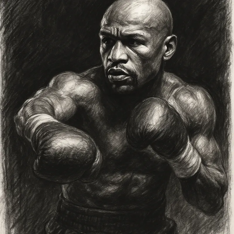 Floyd Mayweather in boxing pose, charcoal portrait