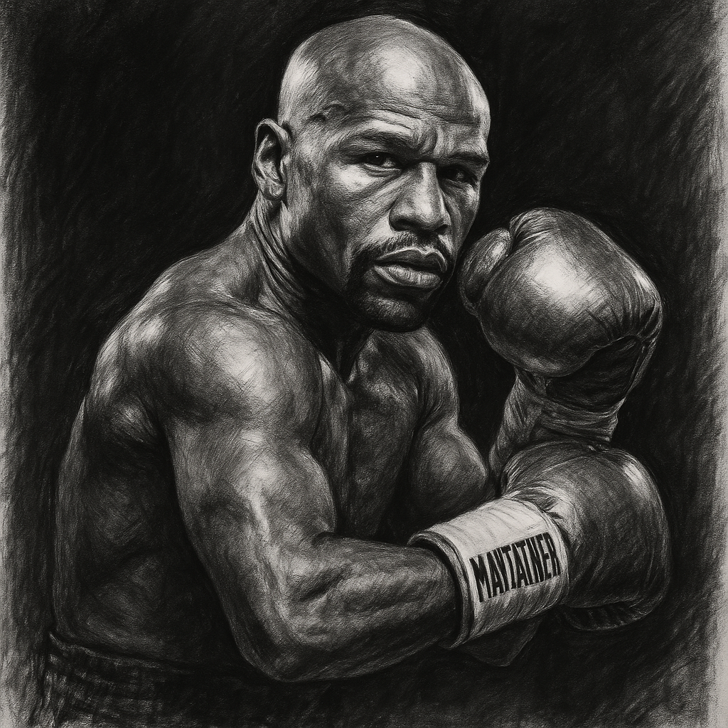 Floyd Mayweather boxing portrait, charcoal drawing