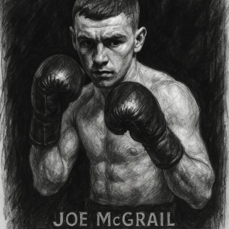 Joe McGrail in boxing pose, charcoal portrait