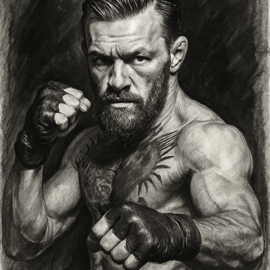 Conor McGregor in boxing pose, charcoal portrait