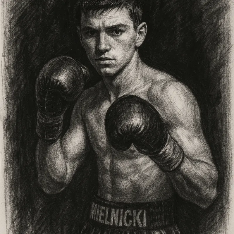 Vito Mielnicki Jr in boxing pose, charcoal portrait