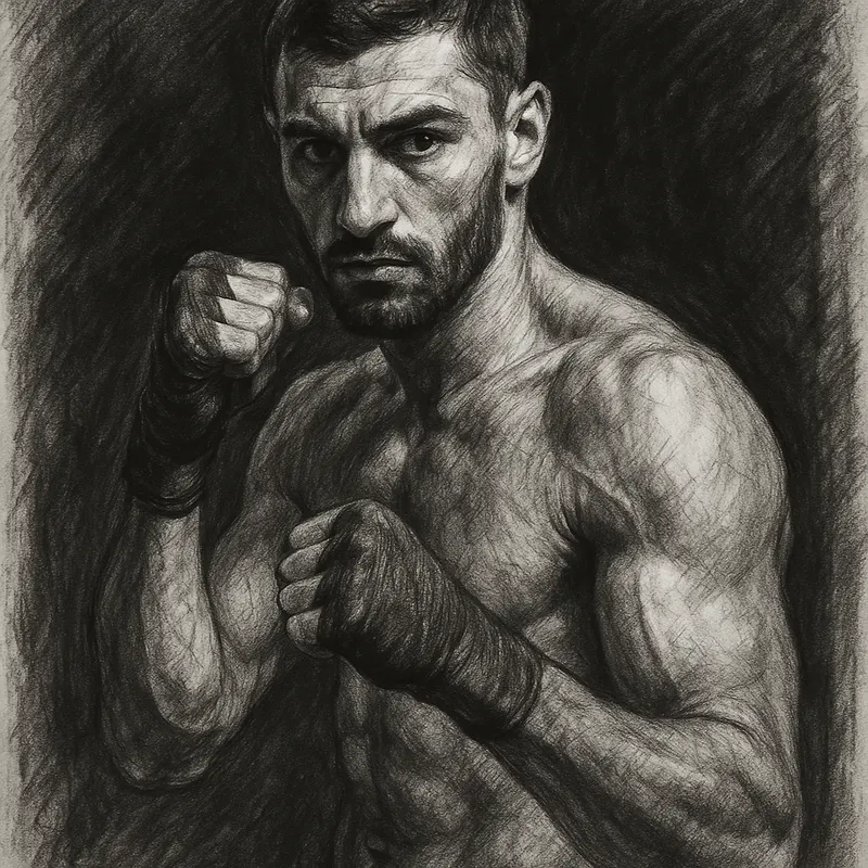Noel Mikaelian in boxing pose, charcoal portrait