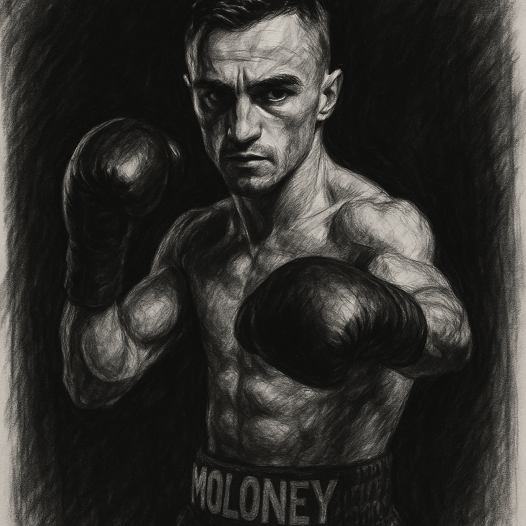 Andrew Moloney in boxing pose, charcoal portrait