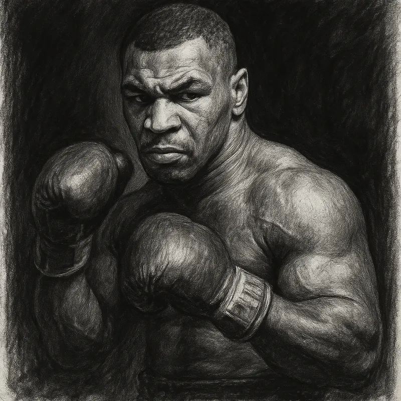 Mike Tyson in boxing pose, charcoal portrait