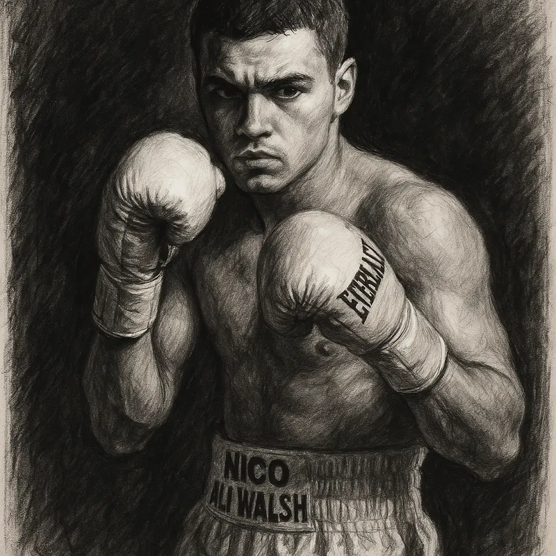 Nico Ali Walsh in boxing pose, charcoal portrait