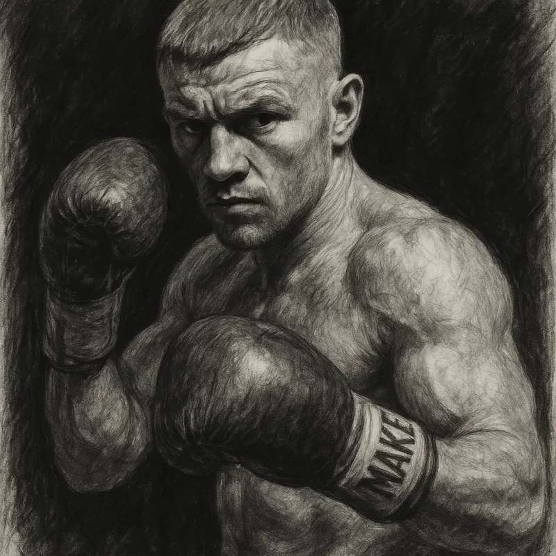 Sam Noakes in boxing pose, charcoal portrait