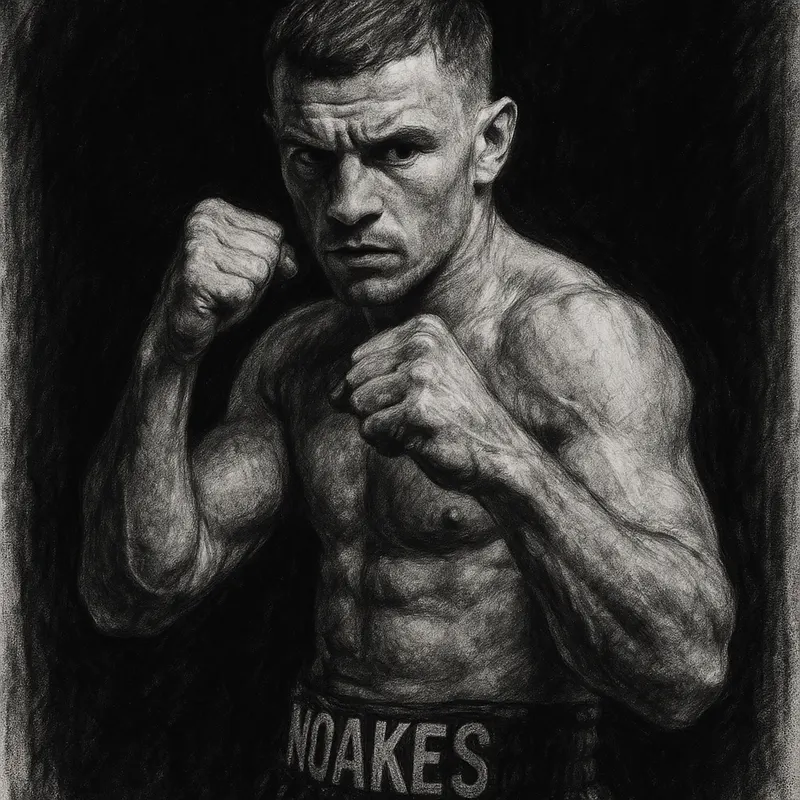 Sam Noakes in boxing pose, charcoal portrait