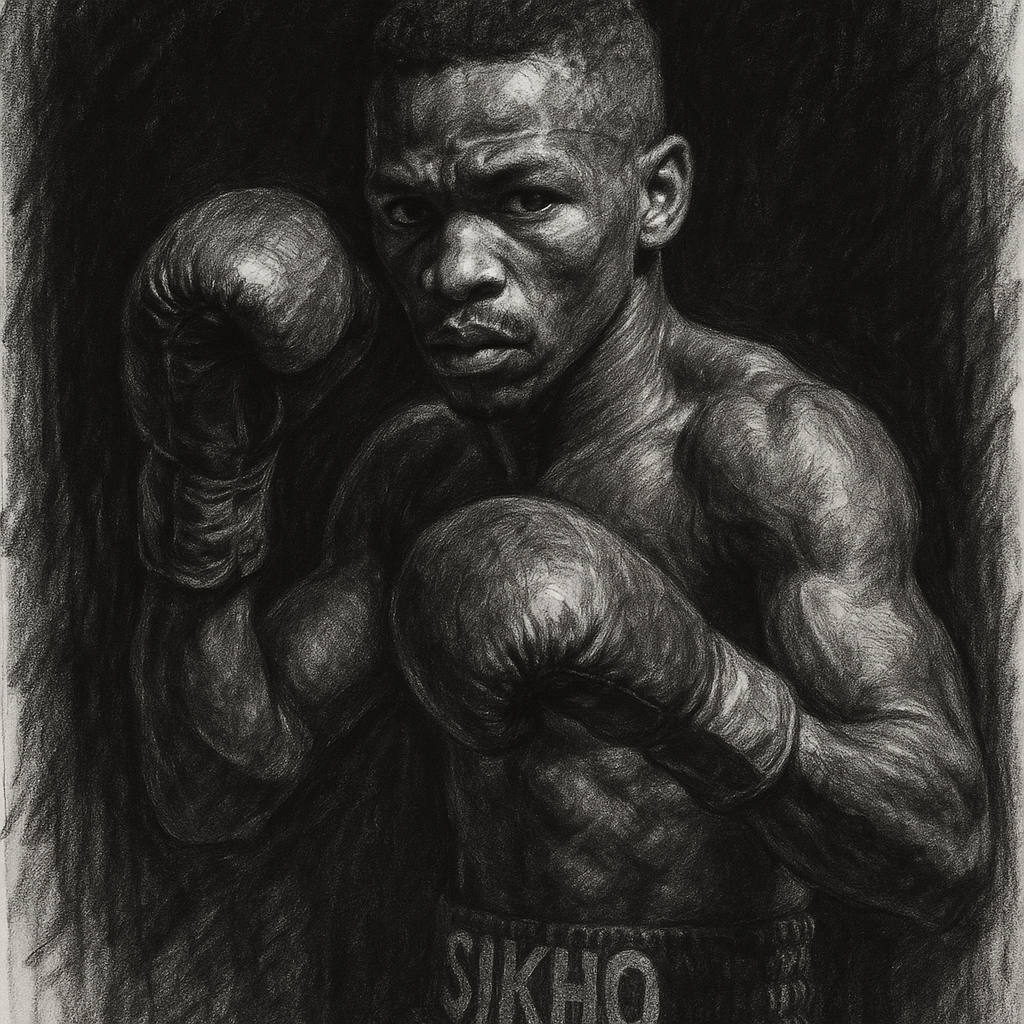 Sikho Nqothole in boxing pose, charcoal portrait