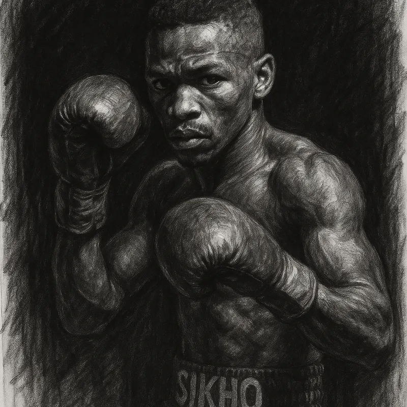 Sikho Nqothole in boxing pose, charcoal portrait