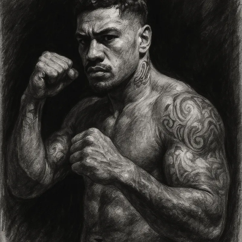 Jai Opetaia in boxing pose, charcoal portrait