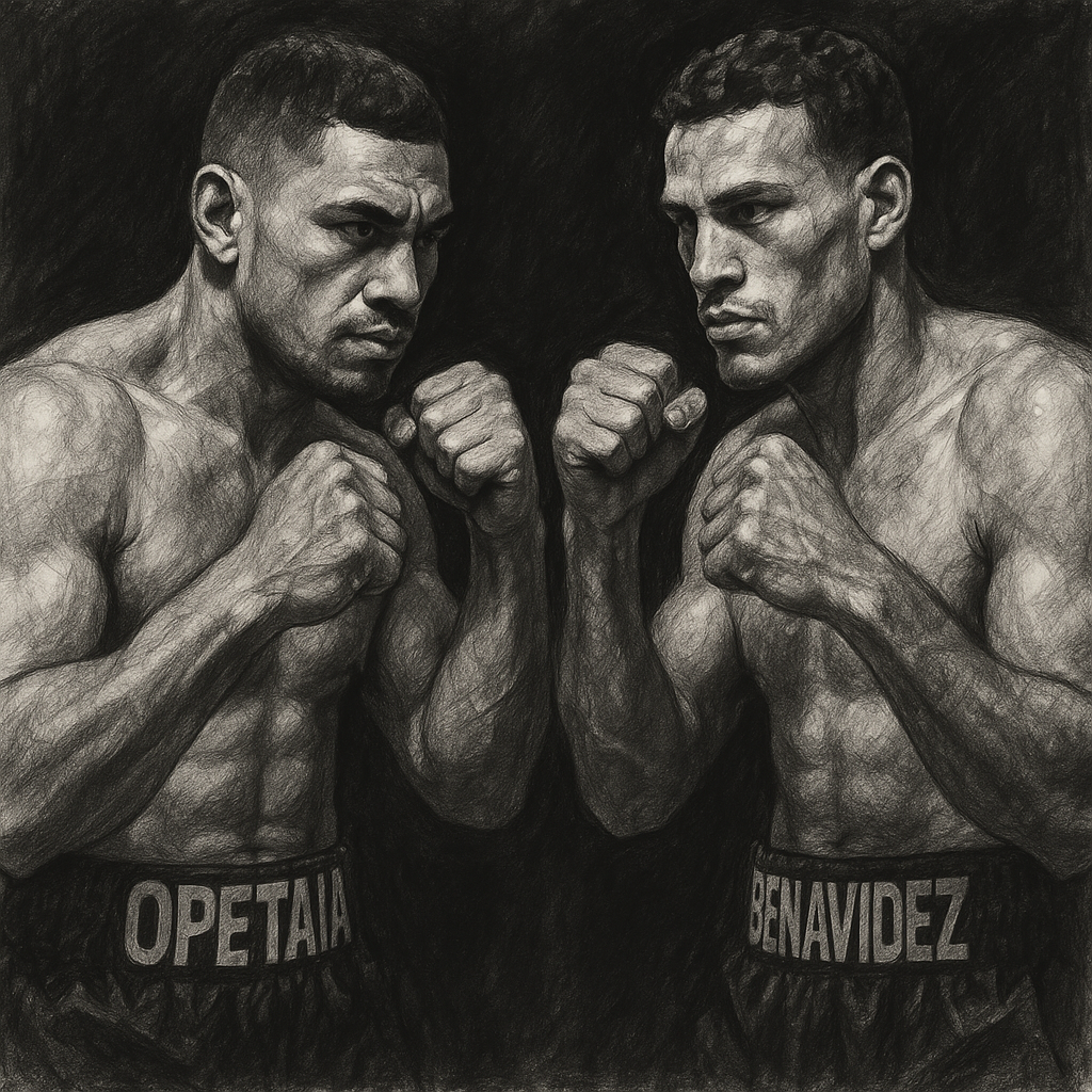 Jai Opetaia and David Benavidez undisputed cruiserweight charcoal portrait