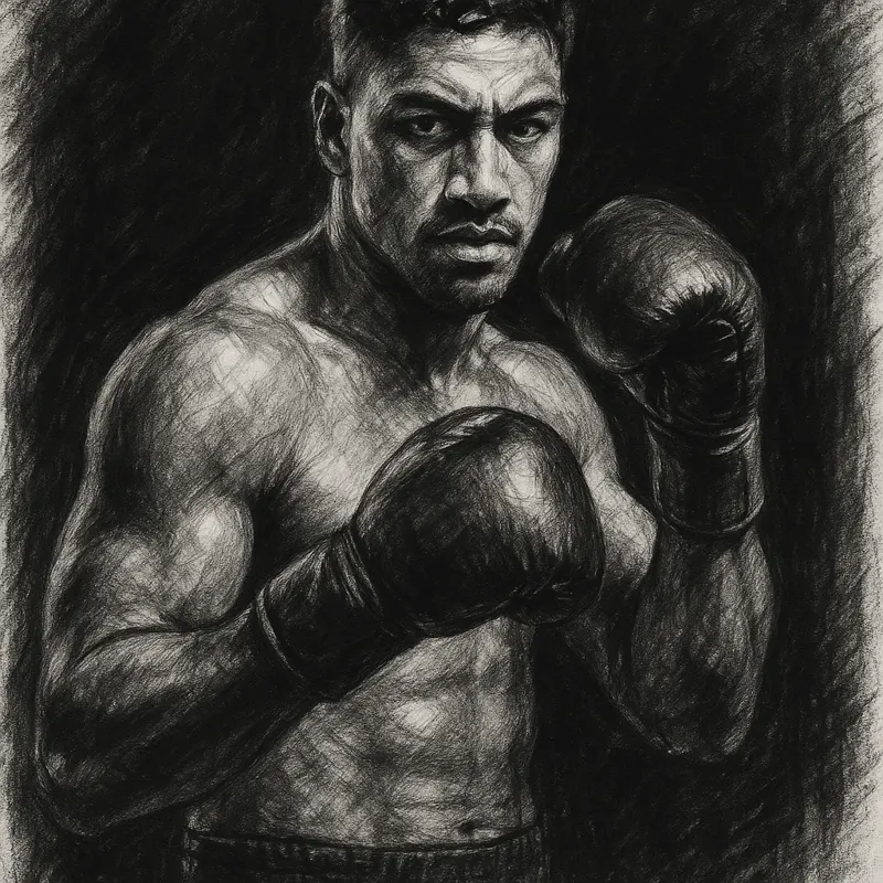 Jai Opetaia in boxing pose, charcoal portrait