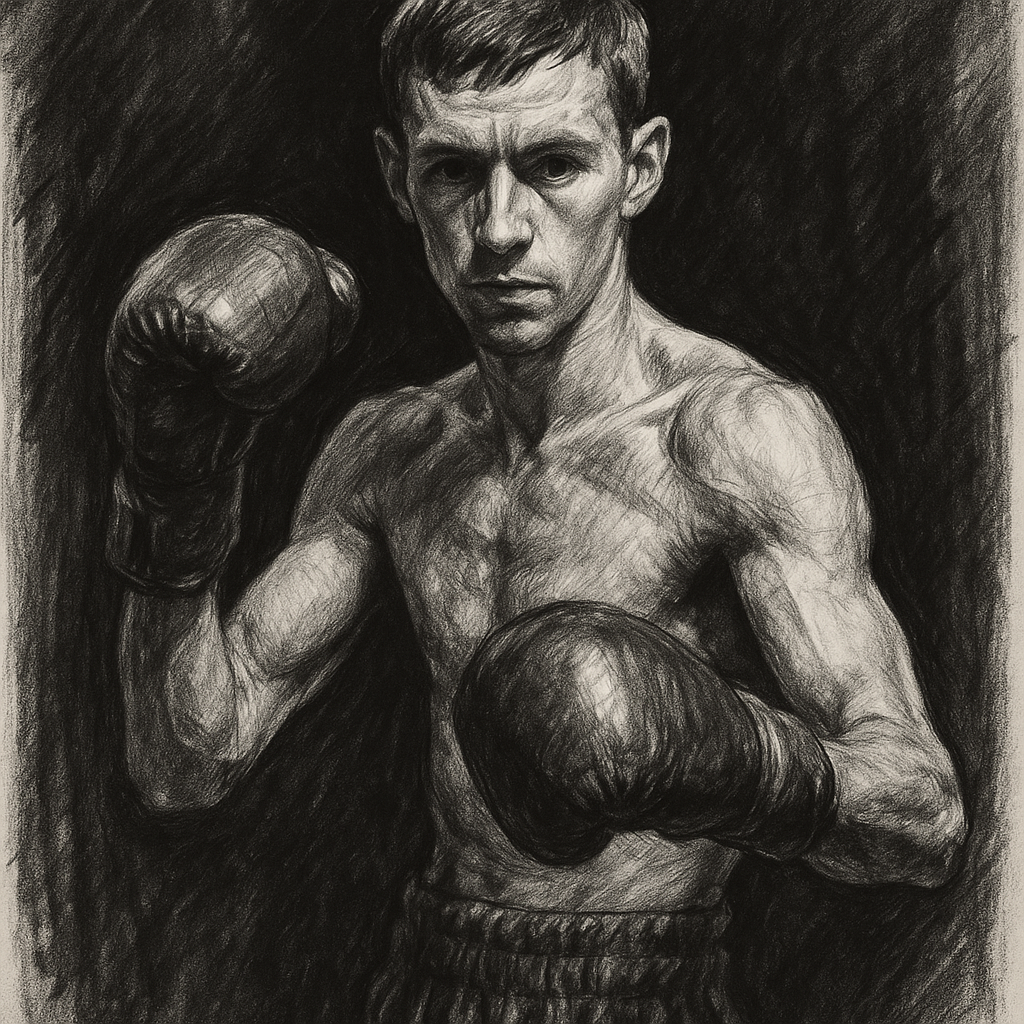 Josh Padley in boxing pose, charcoal portrait