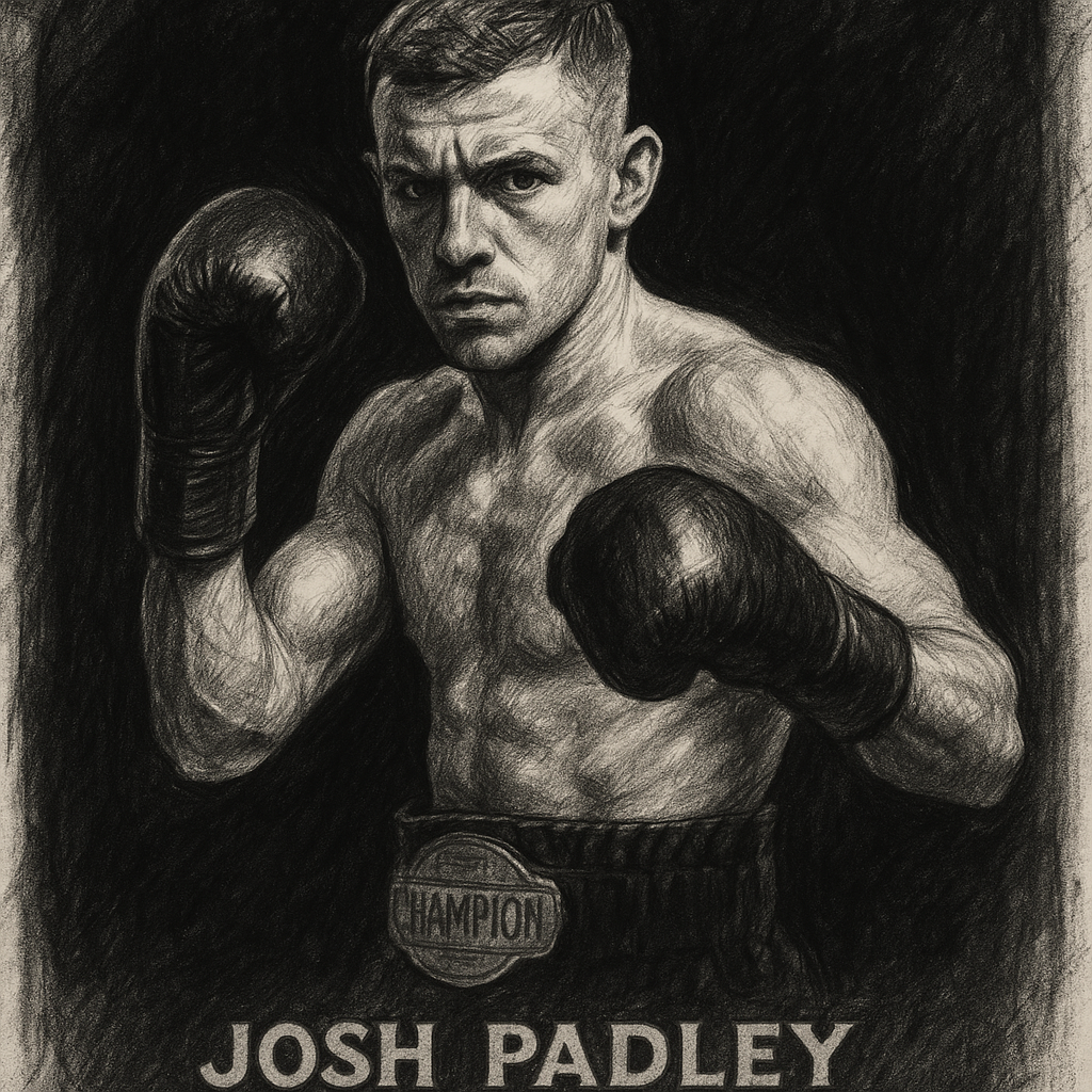 Josh Padley in boxing pose, charcoal portrait