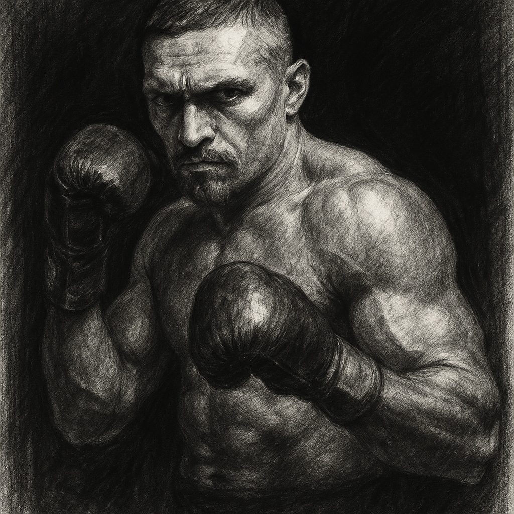 Oleksandr Usyk in boxing pose, charcoal portrait