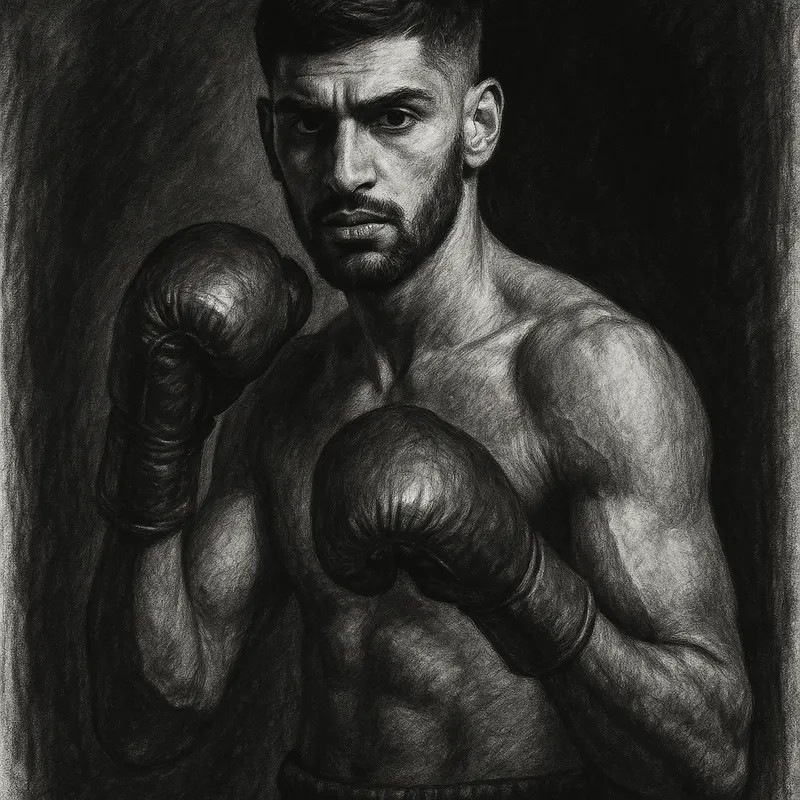 Hamzah Sheeraz in boxing pose, charcoal portrait