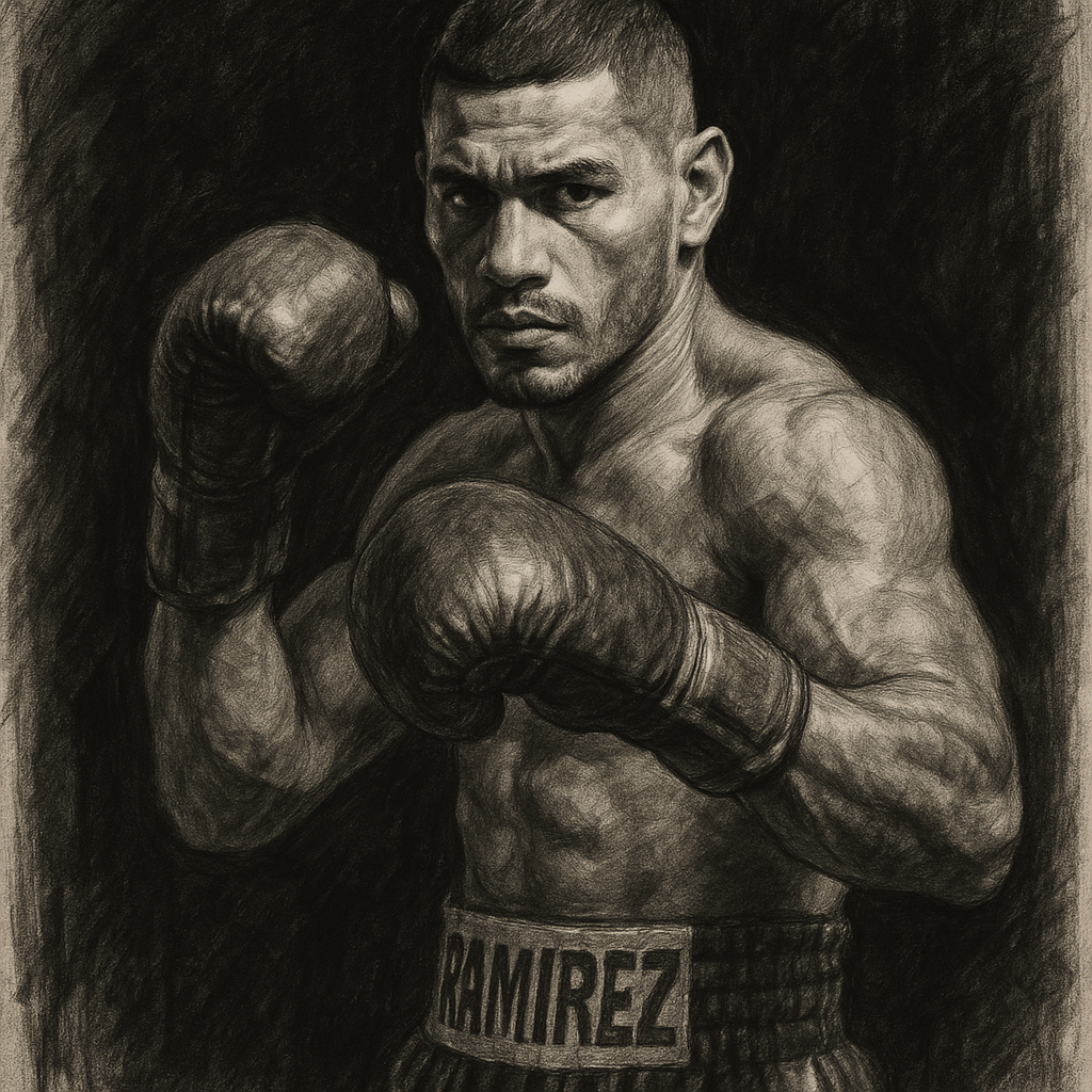 Albert Ramirez in boxing pose, charcoal portrait