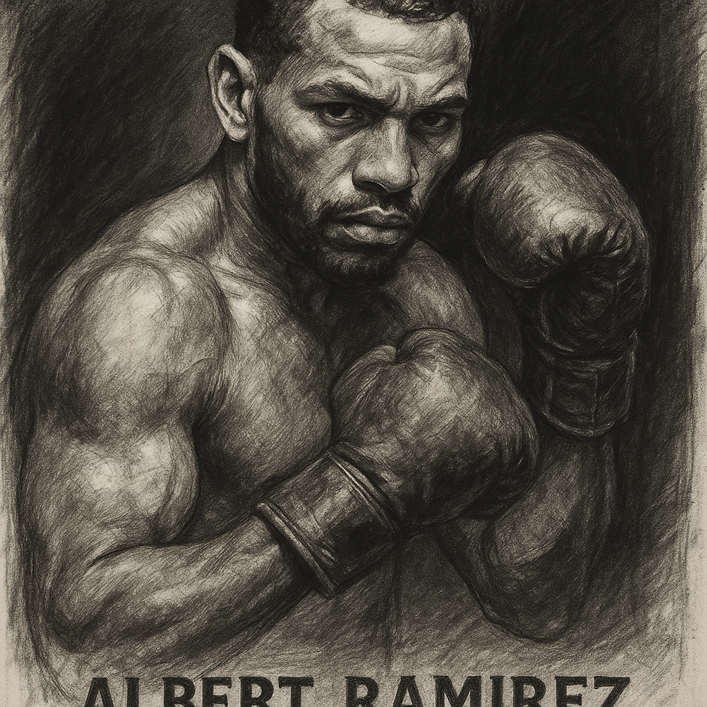 Albert Ramirez in boxing pose, charcoal portrait
