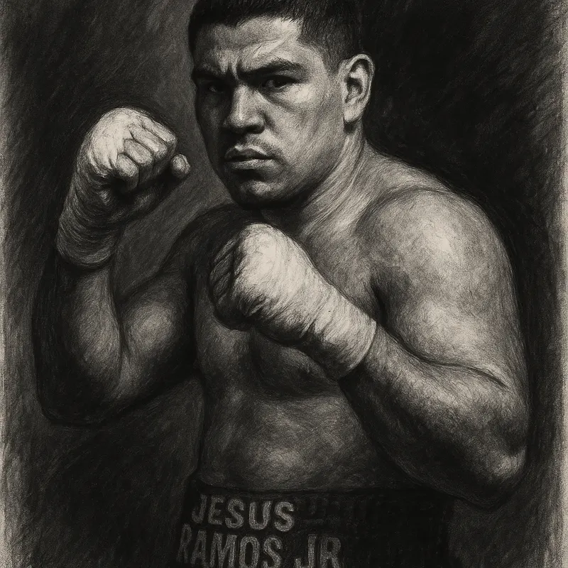 Jesus Ramos Jr in boxing pose, charcoal portrait