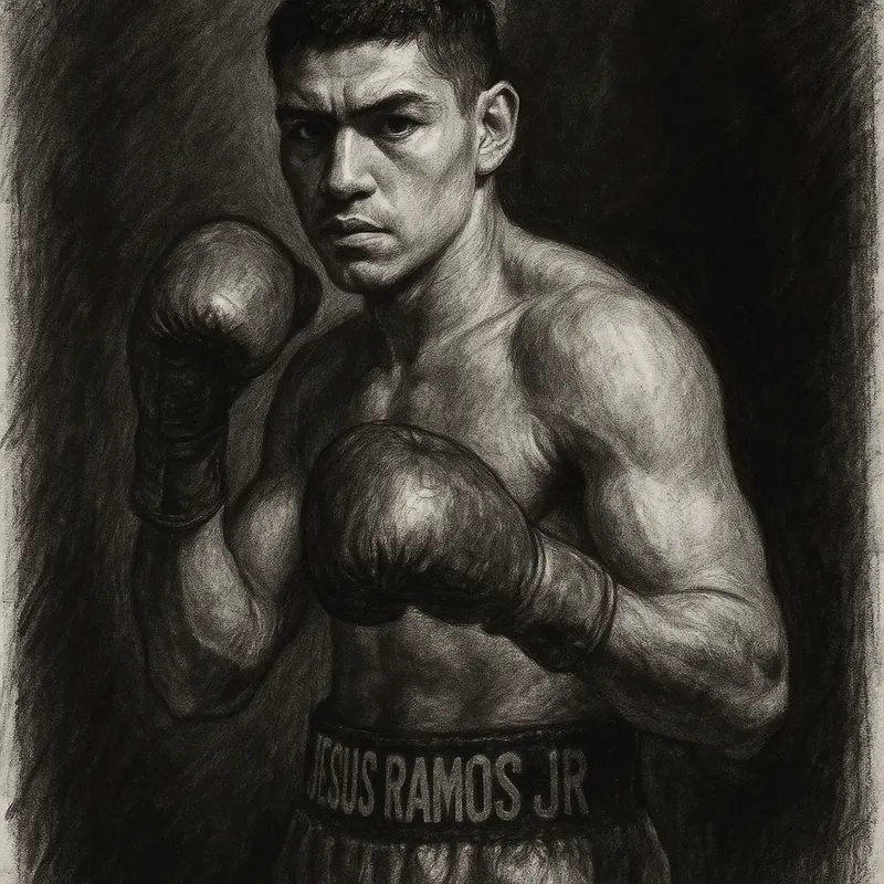 Jesus Ramos Jr in boxing pose, charcoal portrait