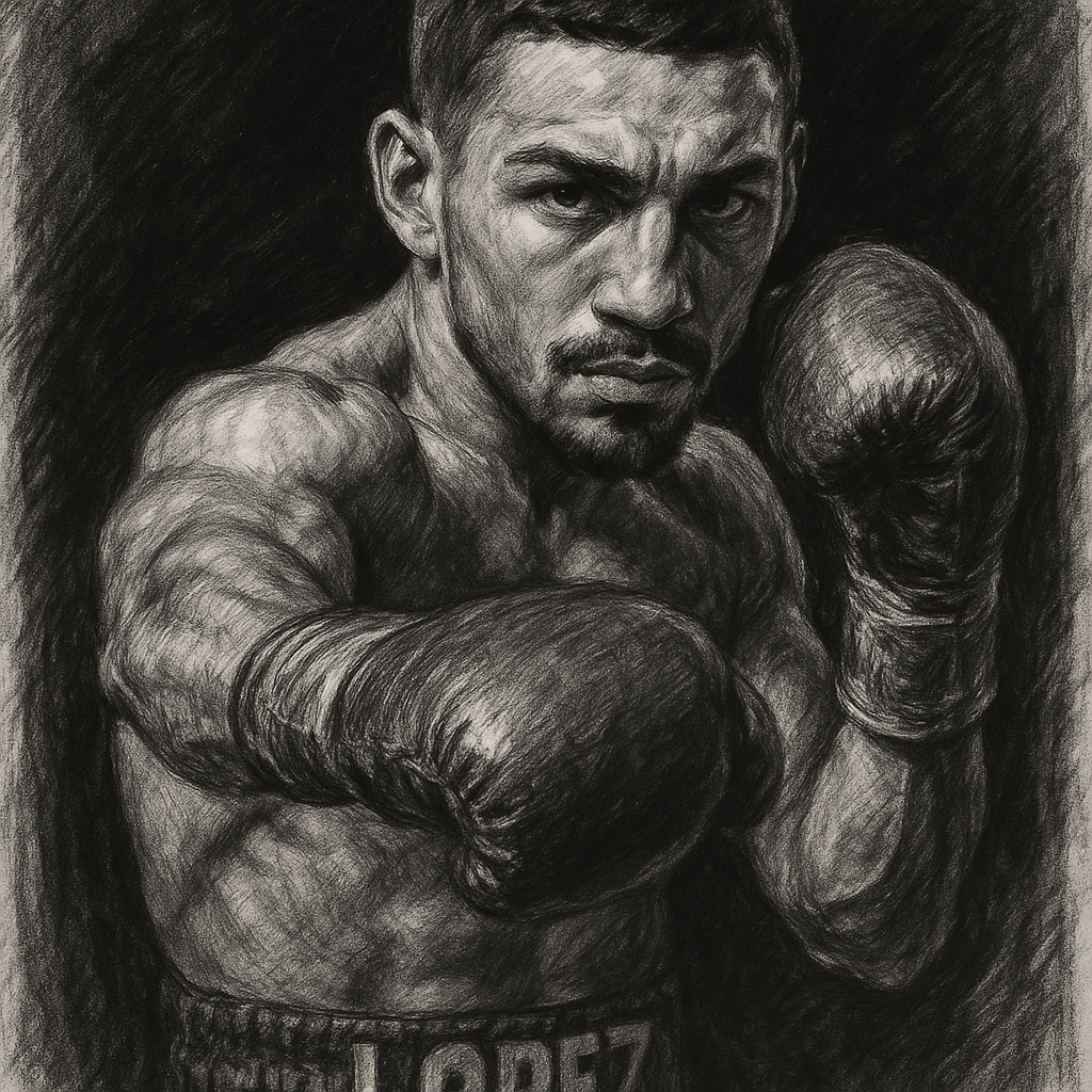 Teofimo Lopez in boxing pose, charcoal portrait