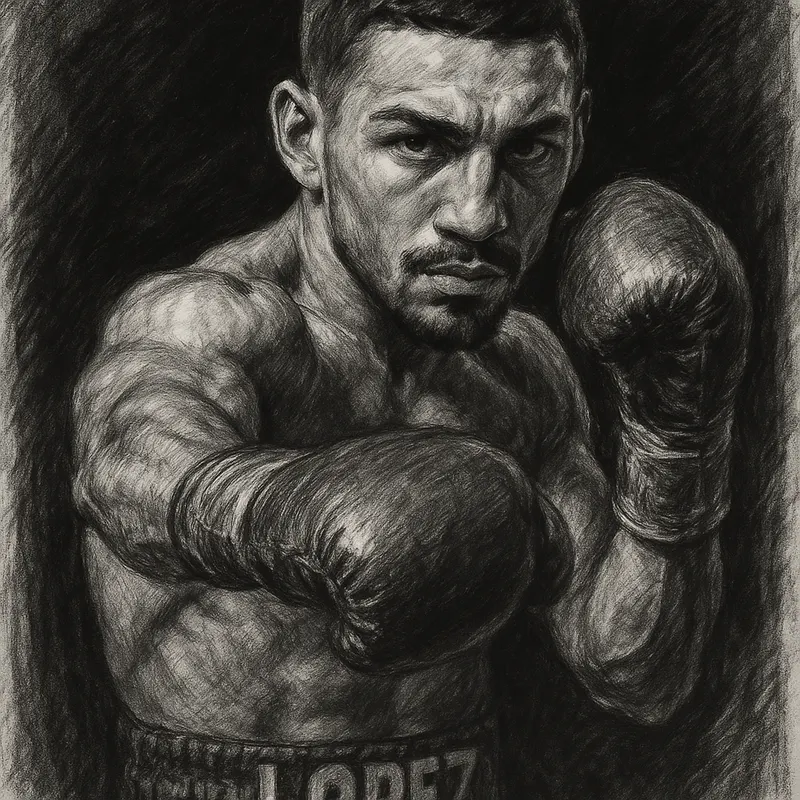 Teofimo Lopez in boxing pose, charcoal portrait