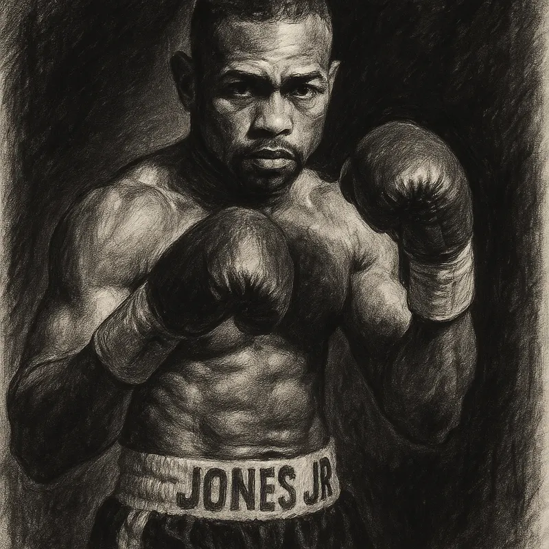Roy Jones Jr in boxing pose, charcoal portrait