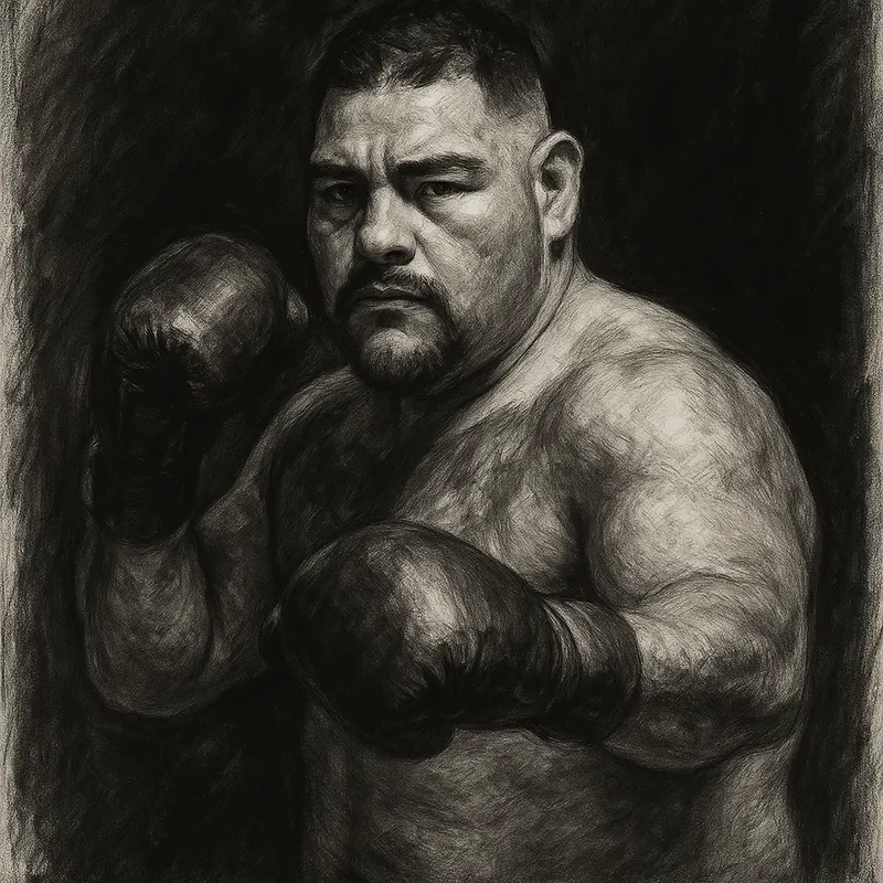 Andy Ruiz in boxing pose, charcoal portrait