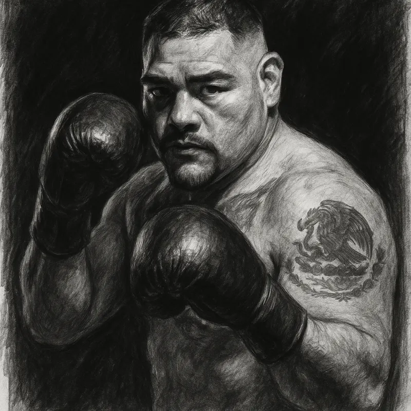 Andy Ruiz Jr in boxing pose, charcoal portrait