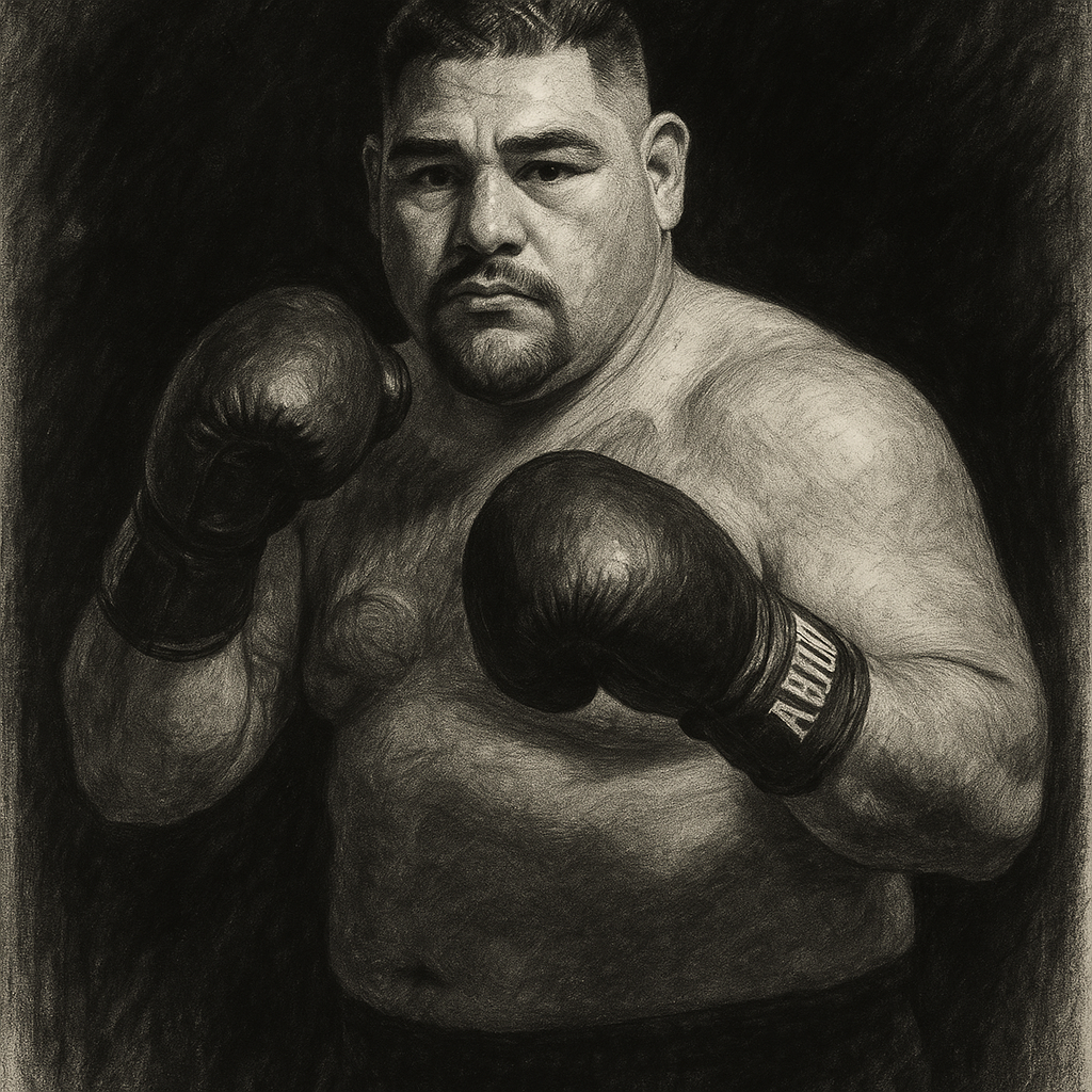 Andy Ruiz in boxing pose, charcoal portrait