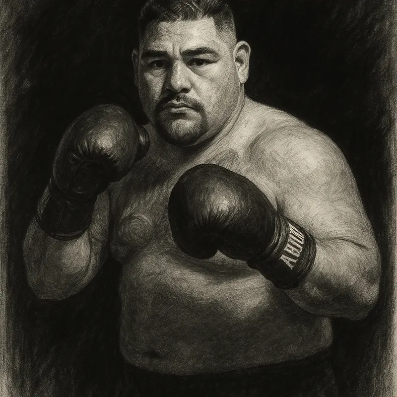 Andy Ruiz in boxing pose, charcoal portrait