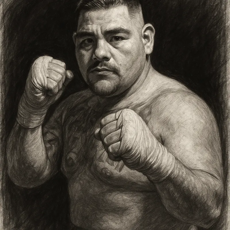 Andy Ruiz Jr in boxing pose, charcoal portrait