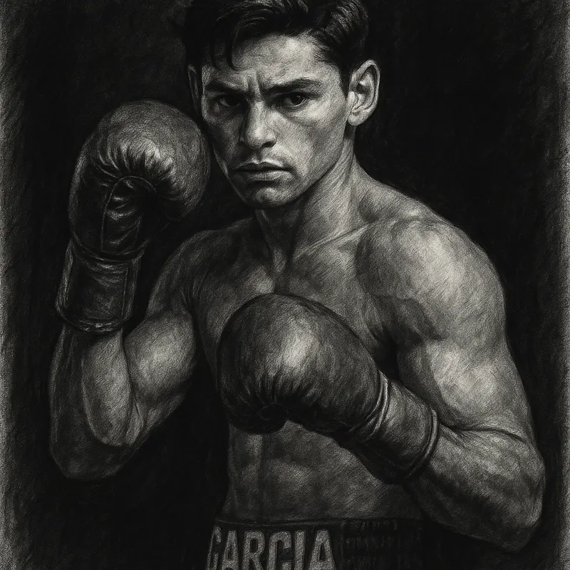 Ryan Garcia in boxing pose, charcoal portrait