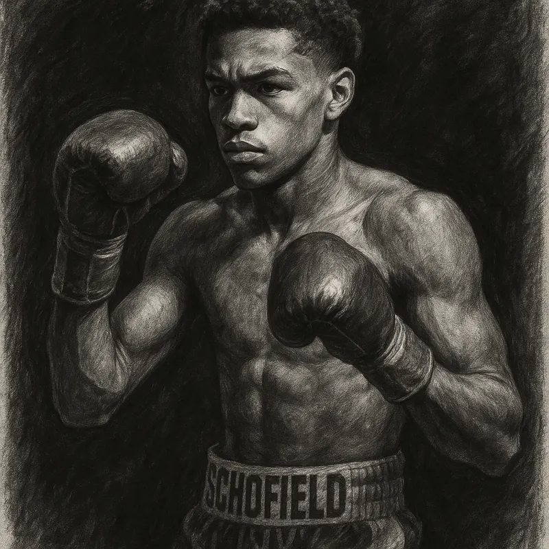 Floyd Schofield in boxing pose, charcoal portrait
