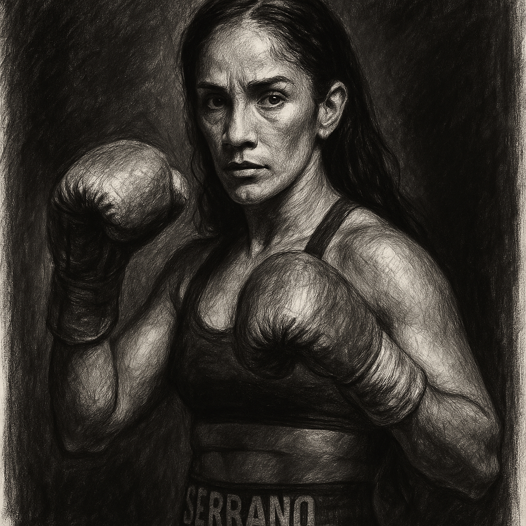 Amanda Serrano in boxing pose, charcoal portrait