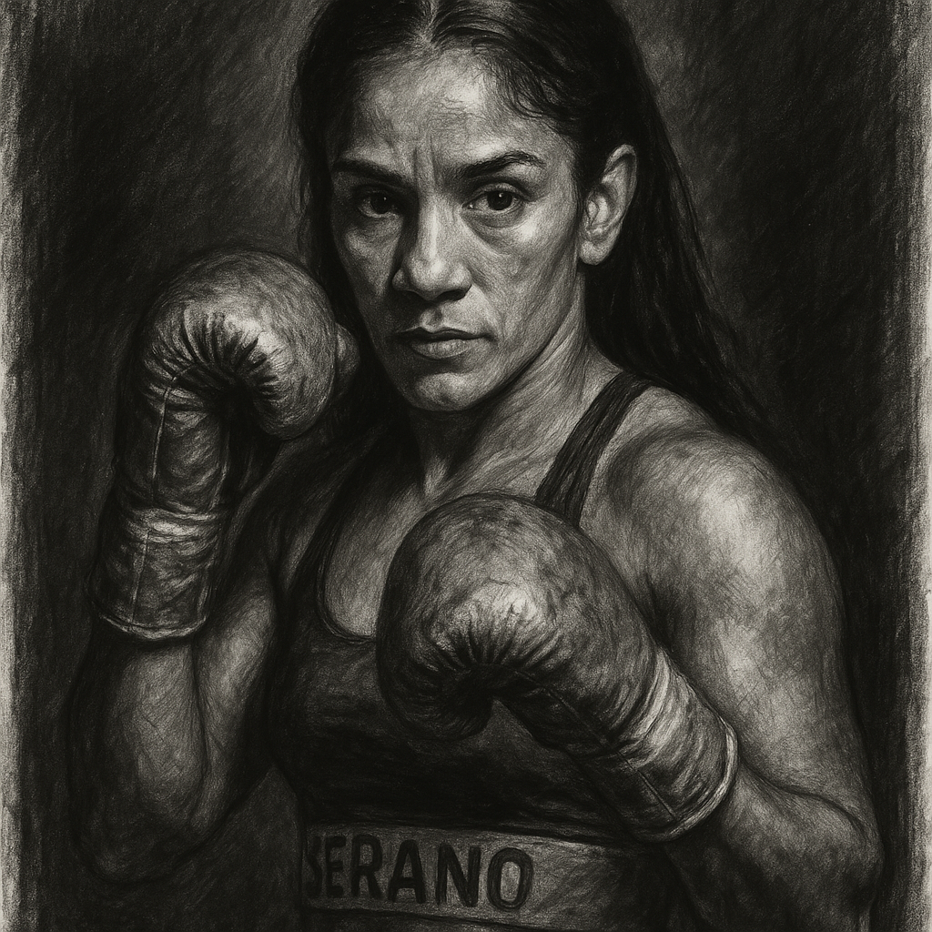 Amanda Serrano in boxing pose, charcoal portrait