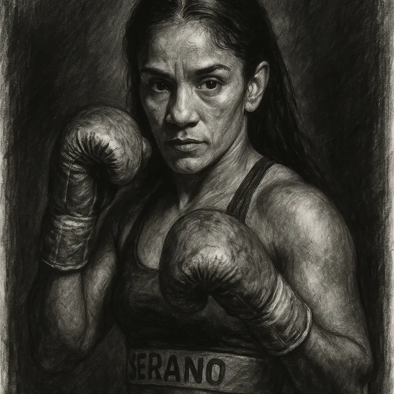 Amanda Serrano in boxing pose, charcoal portrait