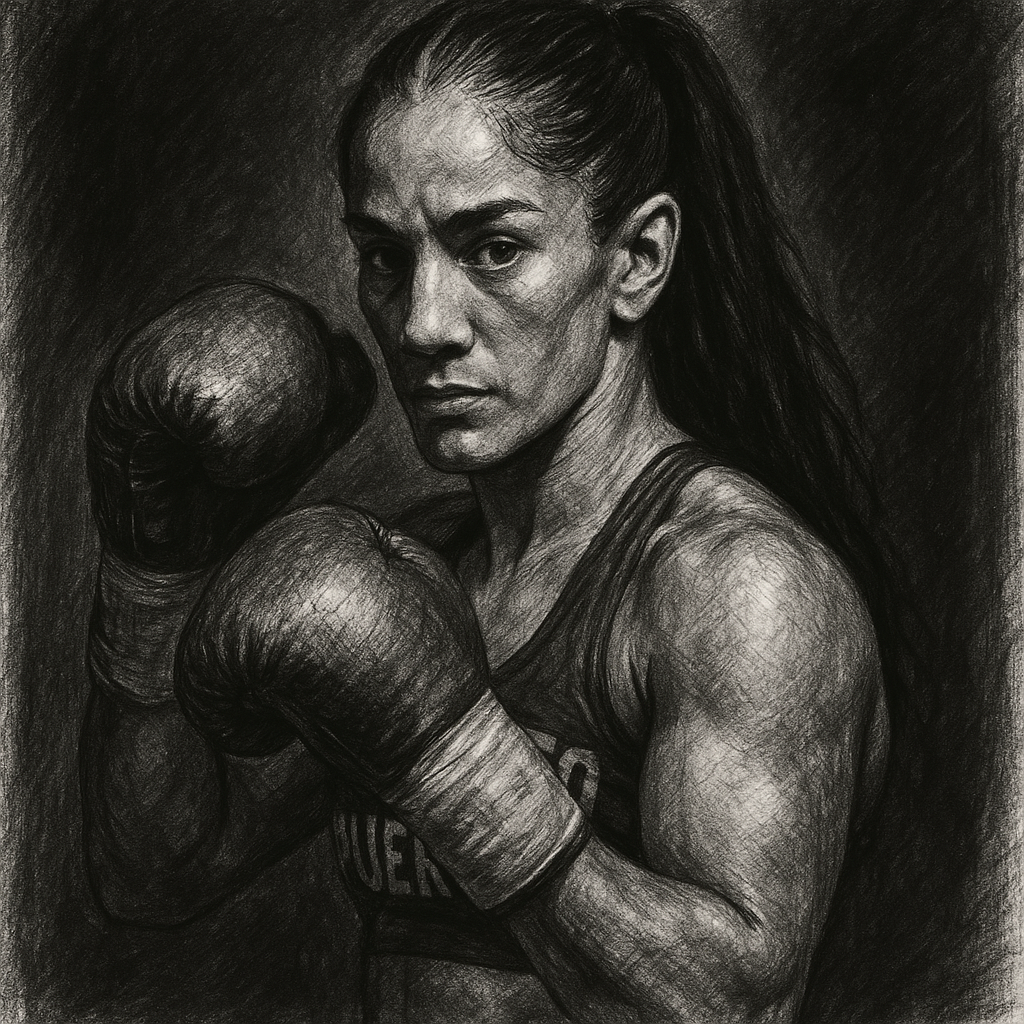 Amanda Serrano in boxing pose, charcoal portrait