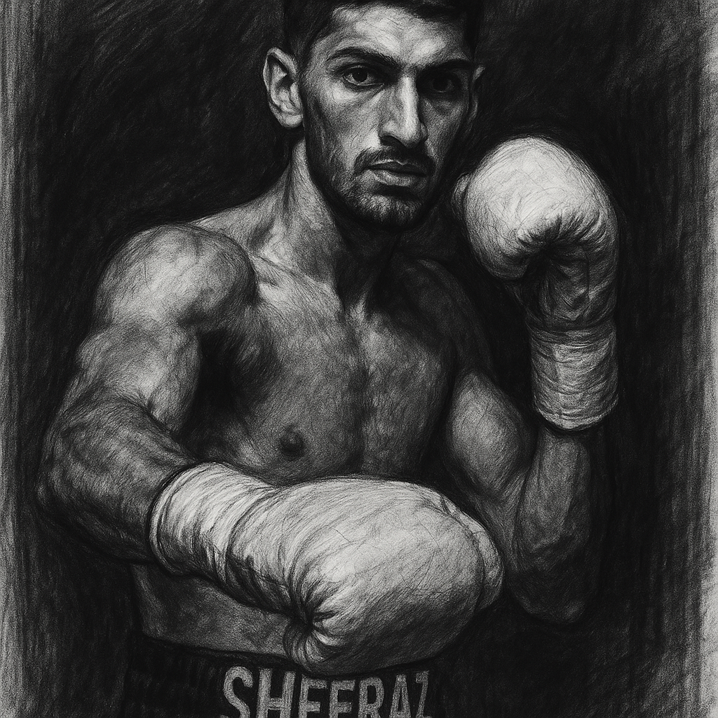 Hamzah Sheeraz in boxing pose, charcoal portrait