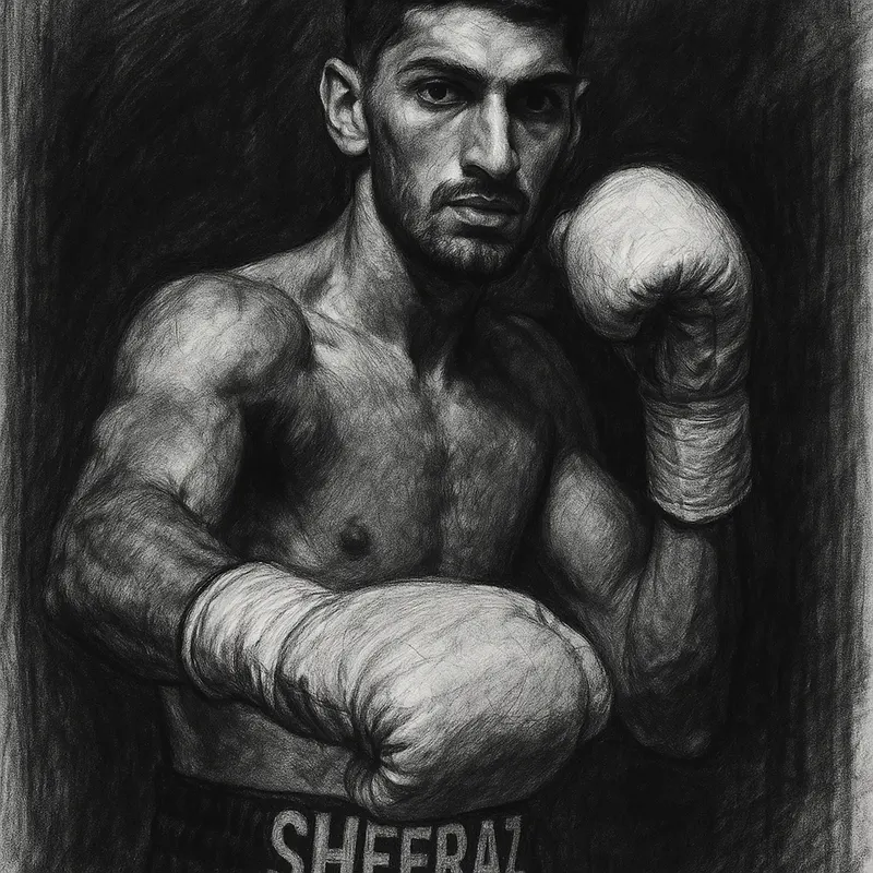 Hamzah Sheeraz in boxing pose, charcoal portrait