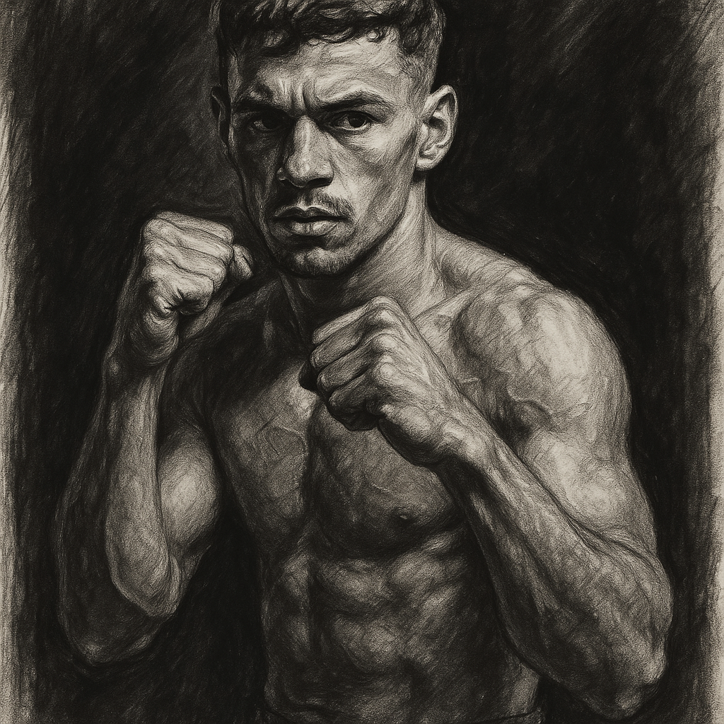 Dalton Smith in boxing pose, charcoal portrait