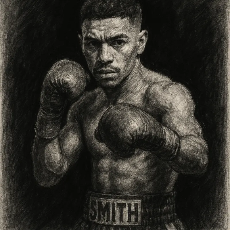 Dalton Smith in boxing pose, charcoal portrait